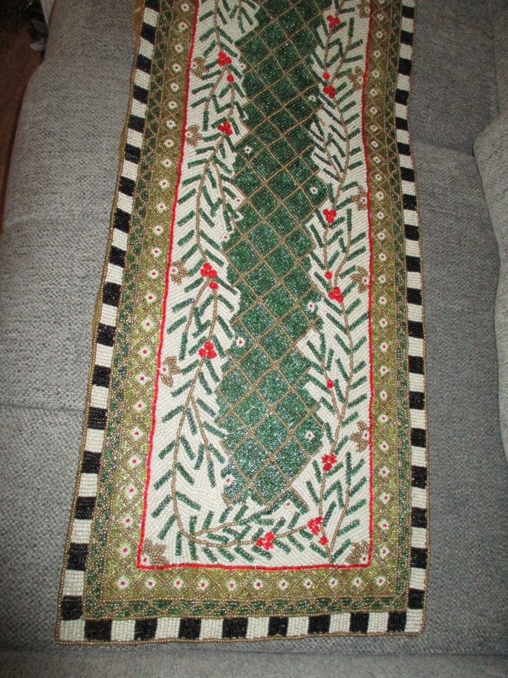 Vintage Beaded Christmas Table Runner, 36” x 13” Berries - Black & White